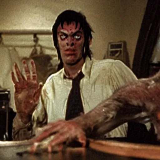 Prompt: film still of a funny looking werewolf with his hand extended in an american werewolf in london