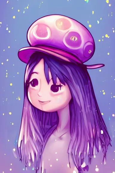 Image similar to a little girl wearing a mushroom hat in 9 0 s outfit | | purple curvy hair, pretty face, fine details, digial art by lois van baarle and sakimichan, anatomically correct, perfect composition, symmetrical, fantastic, clean details, anime character, extremely detailed, ray tracing