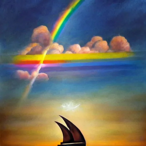 Prompt: by carrie graber mournful tetris. a beautiful body art of a sailboat sailing on a sea of clouds, with a rainbow in the background. the sailboat is crewed by a group of monkeys, & the sails are billowing in the wind.