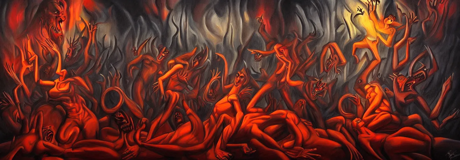 Image similar to hell demons, dramatic lighting, 1 9 3 0 s fleischer cartoon characters, wild emotional expressions - surreal painting by ronny khalil