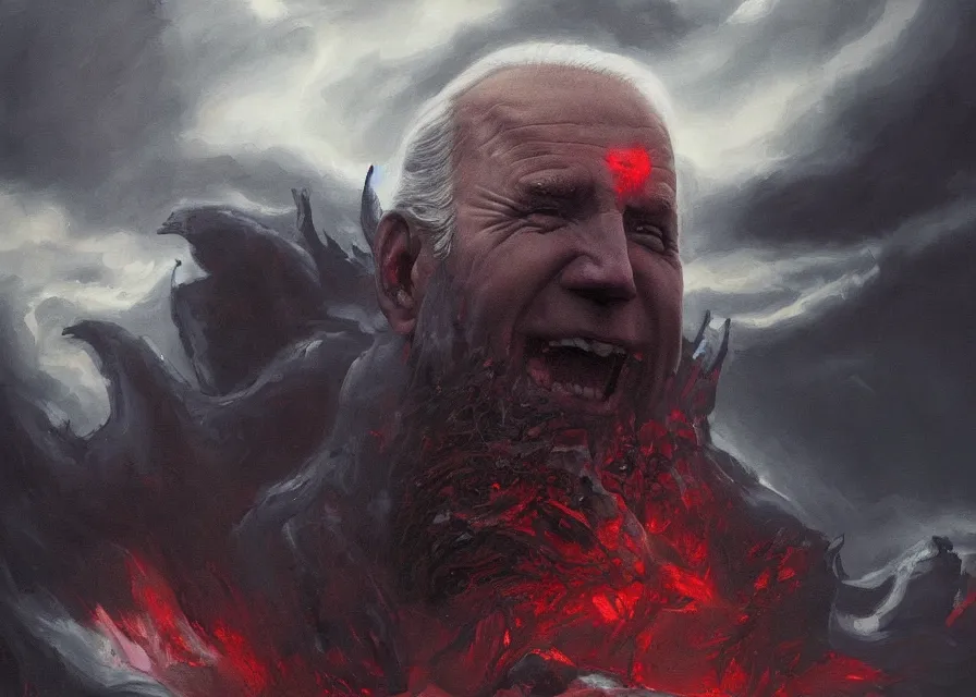 Prompt: abstract painting of giant Joe Biden grinning evil emperor of the world emerging in dark clouds, Sidious, noxious, cosmic horror, evil, dangerous, trending on ArtStation, masterpiece, by Greg Rutkowski, by Ross Tran, by Fenghua Zhong, octane, lightbeam eyes, soft render, clear facial features, oil on canvas, immense endless crowd, moody lighting, cinematic, professional environment concept art