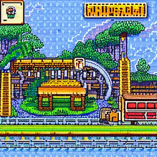 Image similar to a lazy miner, train station background, 8 - bit pixel art. cute. by studio ghibli