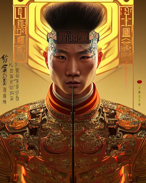 Image similar to portrait of a chinese masculine male cyberpunk machine, machine face, upper half portrait, decorated with chinese opera motifs, muscular, asian, fine china, wuxia, traditional chinese art intricate intense elegant 京 剧 highly detailed digital painting artstation concept art smooth sharp focus illustration, art by artgerm and greg rutkowski alphonse mucha 8 k