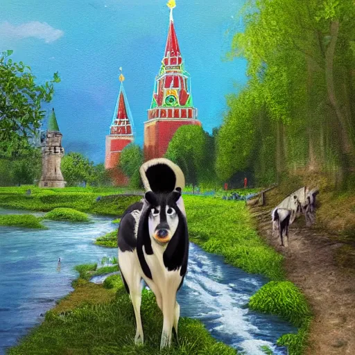 Image similar to A digital painting of a mossy cow in Moscow looking at a river. The cow is holding a wineskin and wears a rucksack. Husky dogs are swimming in the river.