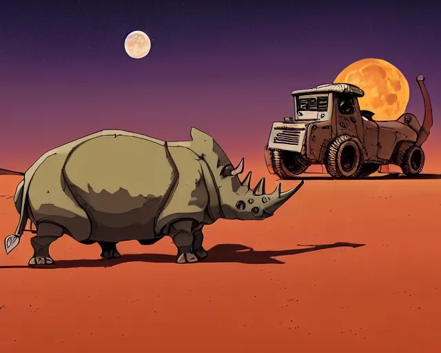 Prompt: a cell shaded cartoon of a lovecraftian mechanized rhino on a desert road, in front of a big moon illustration, wide shot, subtle colors, post grunge, studio ghibli, david rubin, mike mignola, laurie greasley, highly detailed, sharp focus, trending on artstation, hq, deviantart, art by artgem