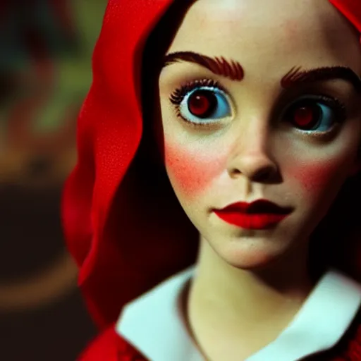 Prompt: a cinematic film still of a claymation stop motion film starring emma watson as little red riding hood, looking at realistic wolf, shallow depth of field, 8 0 mm, f 1. 8