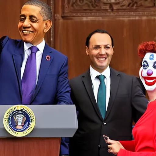 Image similar to president with clown head taking a selfie in a podium next to first minister