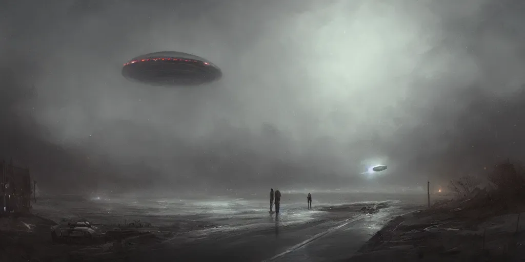 Prompt: epic cinematic concept art of an ufo during an giant, cloudy, foggy, storm, night setting. realistic shaded concept art by greg rutkowski, radiant light, detailed and intricate environment, digital art, trending on art station, illustration