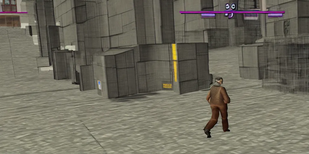 Prompt: glitchy PS1 game, third person, man walking through city