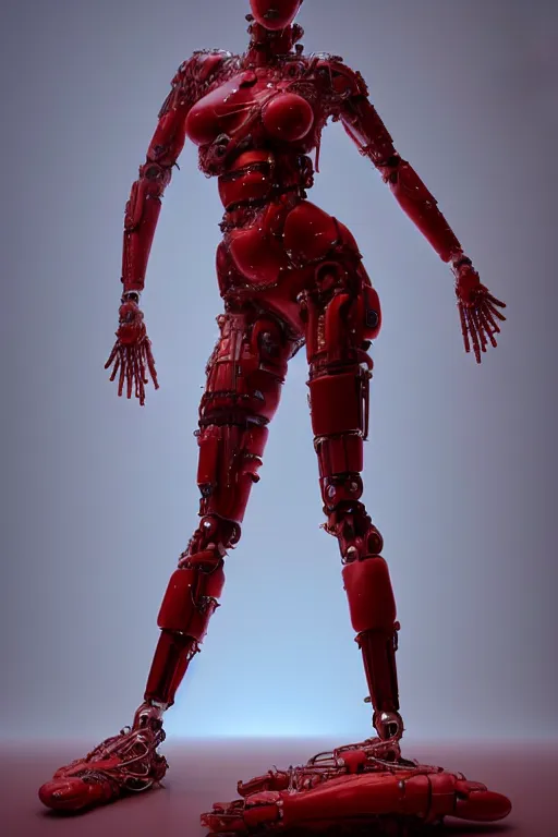 Image similar to a statue made of red marble, of an beautiful chinese girl, full body shot, perfect body, white biomechanical, inflateble shapes, wearing epic bionic cyborg implants, masterpiece, intricate, biopunk futuristic wardrobe, vogue, highly detailed, artstation, concept art, background galaxy, cyberpunk, octane render