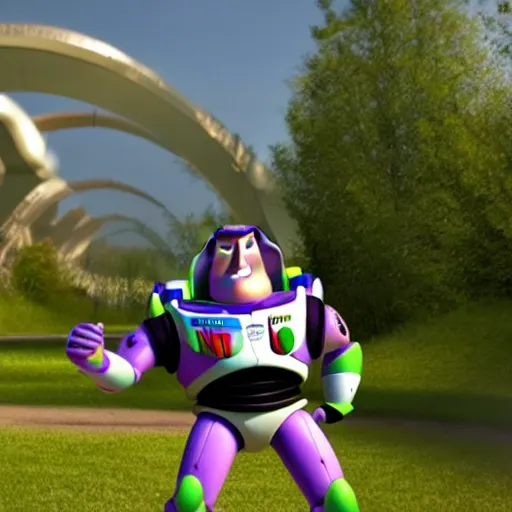 Prompt: buzz lightyear dancing under a broken bridge