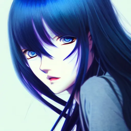 Image similar to long blue - haired girl with bangs gothic anime character with ( amber irises ) noir, screenshot, anime, sharp focus, intricate, illustration, cell shaded, digital painting, highly detailed, concept art, matte, art by ilya kuvshinov, wlop, and greg rutkowski, studio quality, james jean, artem demura