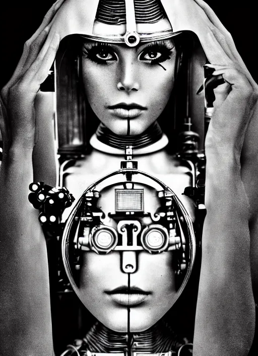 Prompt: photography of beautyful female android steampunk by sebastiao salgado,