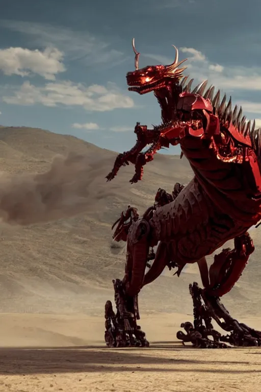 Prompt: cinematic still of westworld, a full body red si - fi robotic fantasy dragon, well armored mech dragon, highly detailed