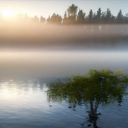 Prompt: still shot of a lake covered in morning fog, highly detailed, photorealistic portrait, bright studio setting, studio lighting, crisp quality and light reflections, unreal engine 5 quality render