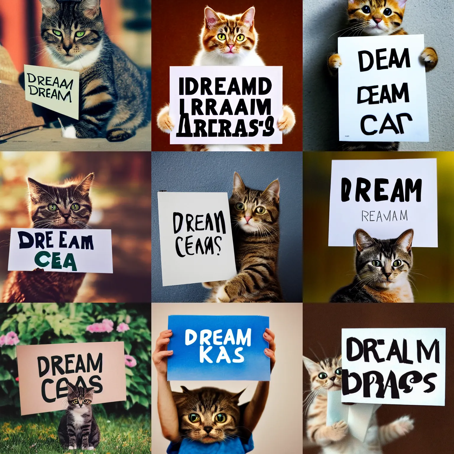 Image similar to realistic high quality photo of a cute cat holding a sign with text that reads : dream cats