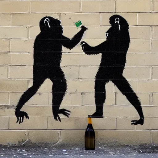 Prompt: display of 2 apes holding champaign bottles, money falling from the sky, made by banksy