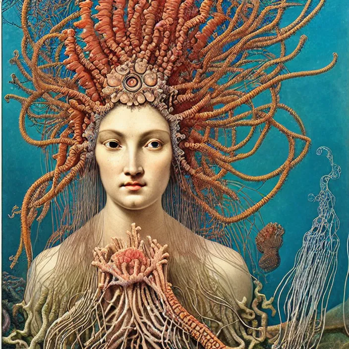 Prompt: realistic detailed face portrait of the goddess of the deep waters with an intricate headdress of corals, sea kelp, sea plants, fish, jellyfish, art by ernst haeckel, archimboldo, face in focus, neo - gothic, gothic,