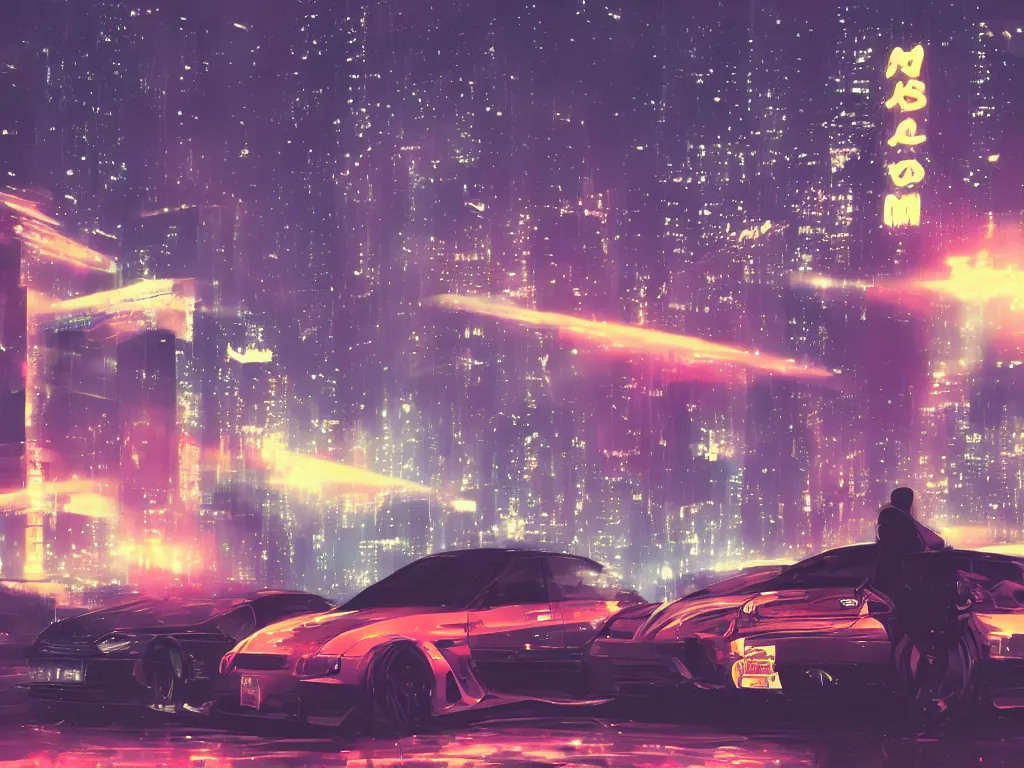 Prompt: Kanye West with JDM car at Tokyo at night sky full of stars with a lot of neon lights buildings makoto shinkai style, pixiv, 4k, wallpaper, high quality