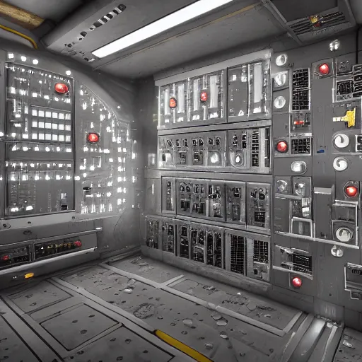 Prompt: industrial spaceship interior with metal plates and many buttons and switches, dimly lit, 4k