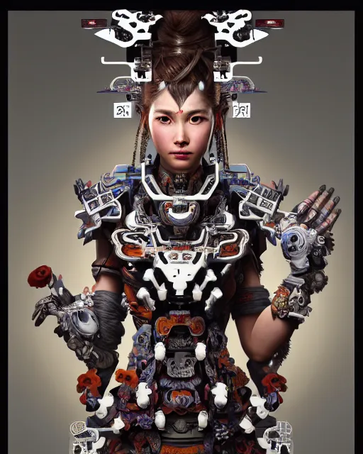 Image similar to portrait of a machine from horizon zero dawn, machine face, upper half portrait, decorated with chinese opera motifs, asian, bian lian, traditional chinese art, intricate, elegant, highly detailed, digital painting, artstation, concept art, smooth, sharp focus, illustration, art by artgerm and greg rutkowski and alphonse mucha, 8 k