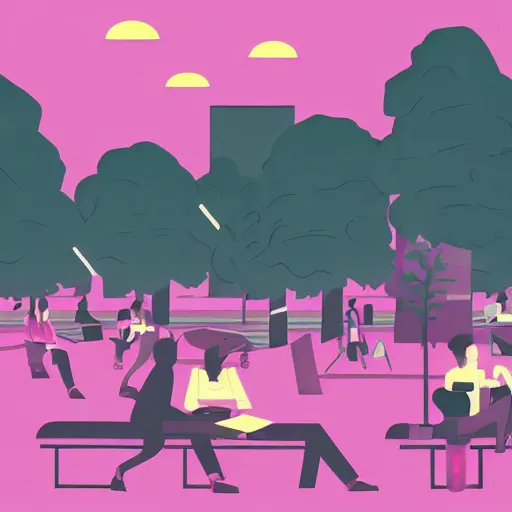 Image similar to art deco vaporwave illustration of a park with trees, benches, and a few people playing a tile game, with a futuristic pink pastel city in the background