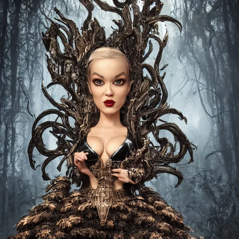 Prompt: octane render portrait by wayne barlow and carlo crivelli and glenn fabry, an evil pixar disney queen wearing an elaborate rococo dress made out of shiny black latex inside a haunted dark and moody fantasy forest, cinema 4 d, ray traced lighting, very short depth of field, bokeh