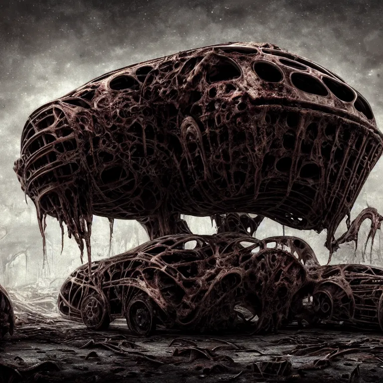 Prompt: ribbed abandoned biomechanical organic crashed car wreck on exoplanet at night, in a desolate empty wasteland, covered with organic flesh, meat, creepy, nightmare, dream-like heavy atmosphere, surreal abandoned buildings, baroque painting, beautiful detailed intricate insanely detailed octane render trending on Artstation, 8K artistic photography, photorealistic, chiaroscuro, cinematic volumetric light, Raphael, Caravaggio, Beksinski, Giger