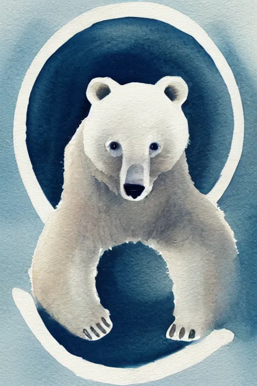 Image similar to a cute anime polar bear holding a thick dark ring, watercolor, white background, lovely