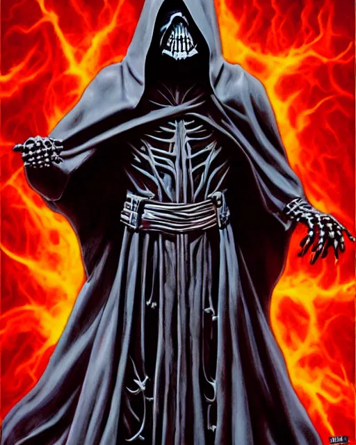 Image similar to hooded sith lord skeletal figure with fiery angry red eyes, airbrush, drew struzan illustration art, key art, movie poster
