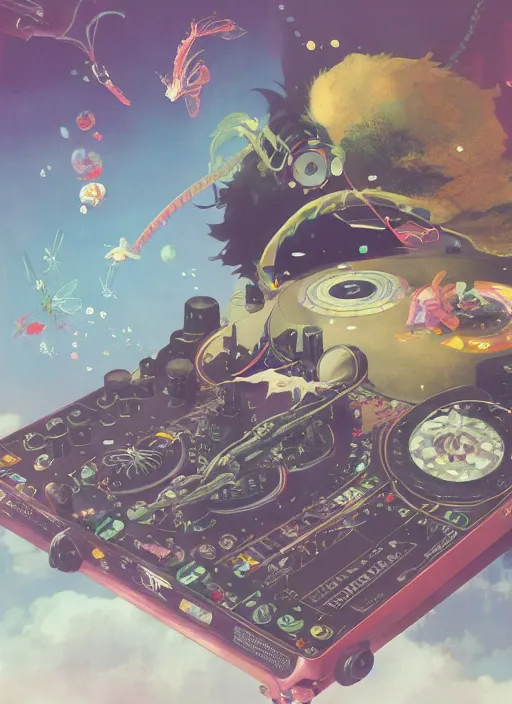 Prompt: surreal gouache painting, by yoshitaka amano, by ruan jia, by Conrad roset, by good smile company, detailed anime 3d render of a magical Vinyl Discos flying, DJ Mixer, deck surrounded by Dragonfly ,flying discos , controller, portrait, cgsociety, artstation, rococo mechanical and Digital and electronic, dieselpunk atmosphere