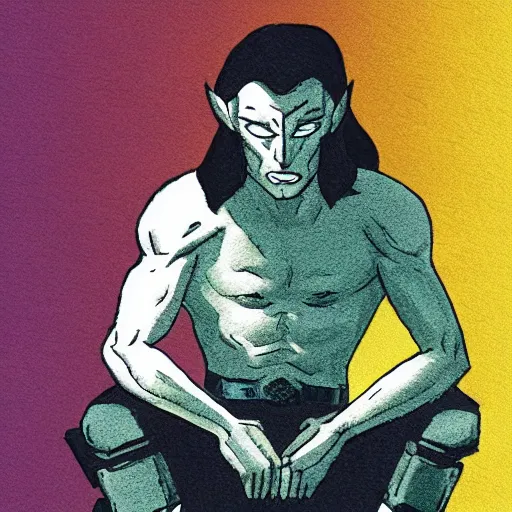 Prompt: this illustration is concept art for the comic book character of loki, the norse god of mischief sitting on a chair with his legs crossed. he is looking at something off to the side, and his expression is one of concentration or deep thought. the background is a simple, two - tone gradient. the colors are muted and calming, giving the image an overall peaceful feeling.