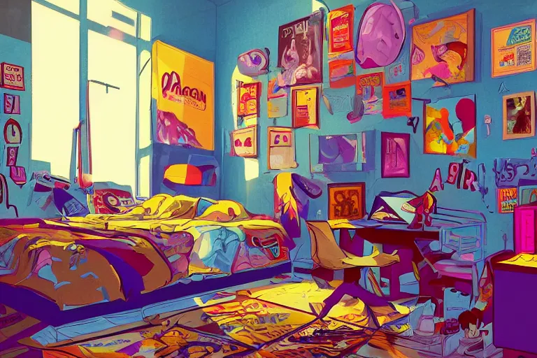 Image similar to a room of an american teen, graffiti and posters on the wall, bright, 8 0 s style, nostalgic, the sun shines in, warm, cozy, isometric art, bright, artstation, highly detailed, cinematic lighting + masterpiece