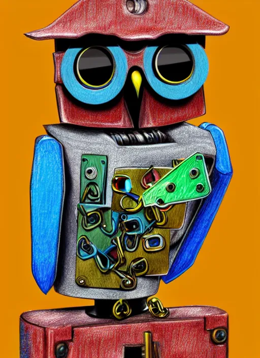 Image similar to colored pencil and pen drawing of an animatronic robot owl, bird made from rusty old keys and padlocks, space background, 8 k photorender realityengine