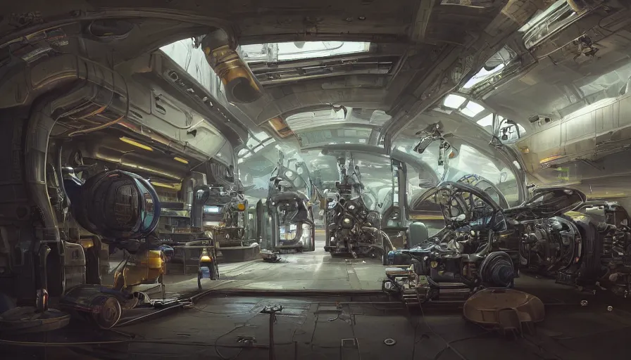 Image similar to the inside of a futuristic mechanic spaceshop coc, highly detailed interior, half - finished robot, holographic screen in center frame by peter mohrbacher, dieselpunk, firefly, cryengine render, hyper realism, realistic shading, cinematic composition, realistic render, octane render, detailed textures, photorealistic, wide shot, fanciful, colorful