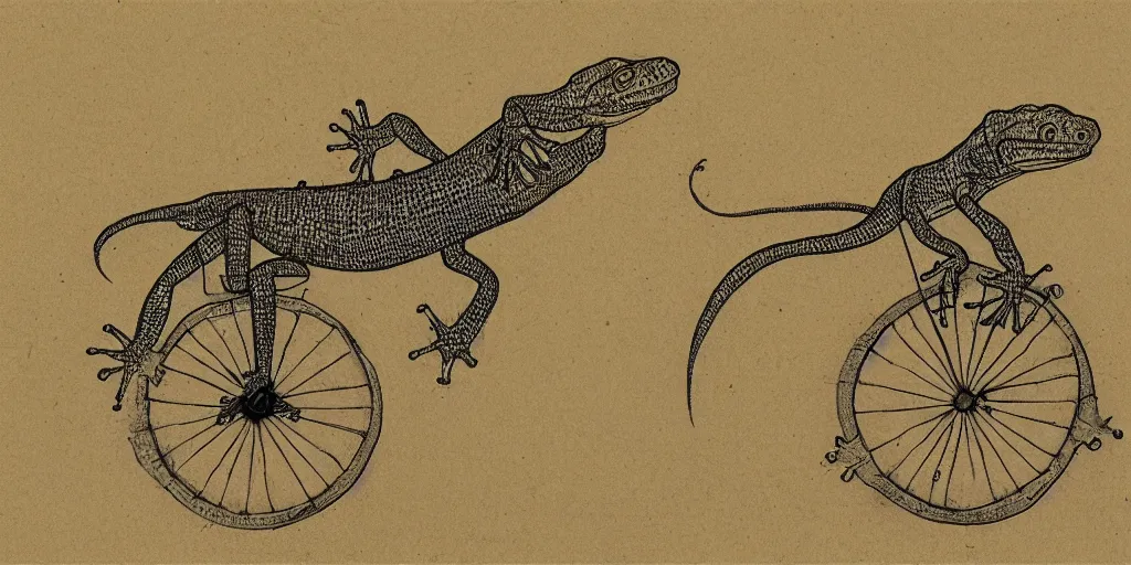 Image similar to a gecko riding a unicycle at dawn, yellowed paper, pen and ink, 1 5 0 0 s, 8 k resolution