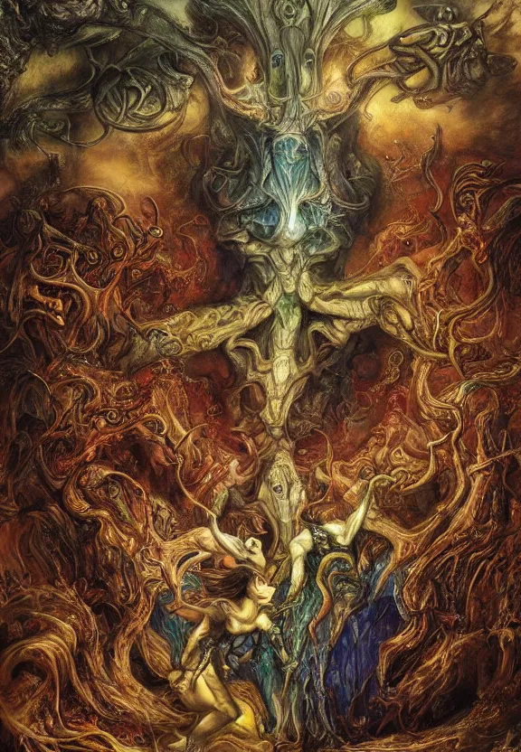 Image similar to colorful muscular eldritch demons radiating town fractal, by h. r. giger and esao andrews and maria sibylla merian eugene delacroix, gustave dore, thomas moran, pop art, chiaroscuro, biopunk, art nouveau