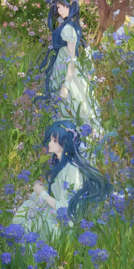 Image similar to a digital art of a loli with long hair in a dress in the privet garden at after noon, green and warm theme, blue flowers, low angle, back lighting, by krenz cushart and mucha and akihito yoshida and greg rutkowski, highly detailed, 4 k resolution, trending on art station