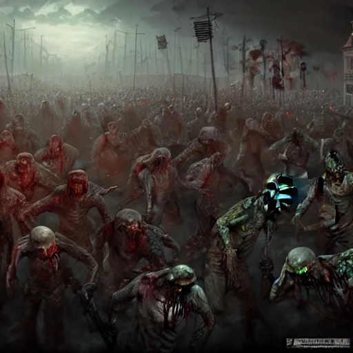 Prompt: zombie horde apocalypse by, rutkowski, rossier, landis, cinematic, incredible detail, photorealistic, artstation, epic, fantasy