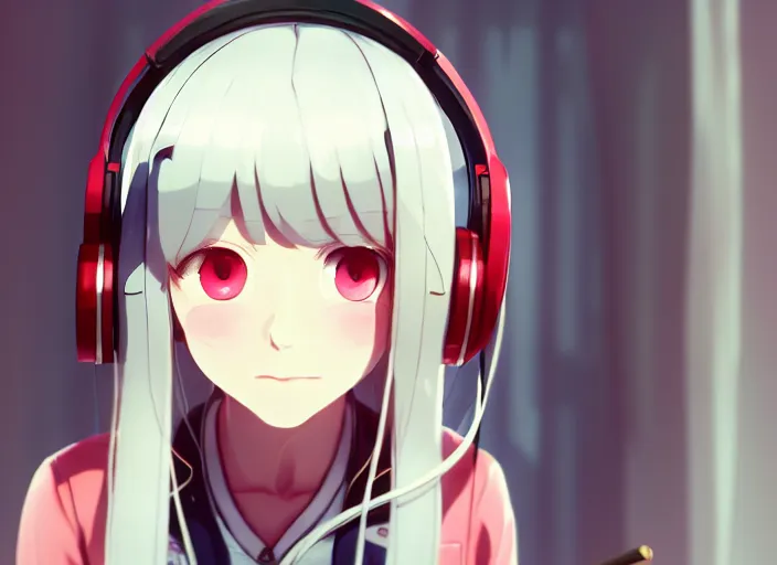 Prompt: a fill still portrait of a white long hair red eyed young cute girl wearing a headset in a room interior, closeup, perfect art, gapmoe yandere, trending on pixiv fanbox, painted by makoto shinkai takashi takeuchi studio gibli, 4 k