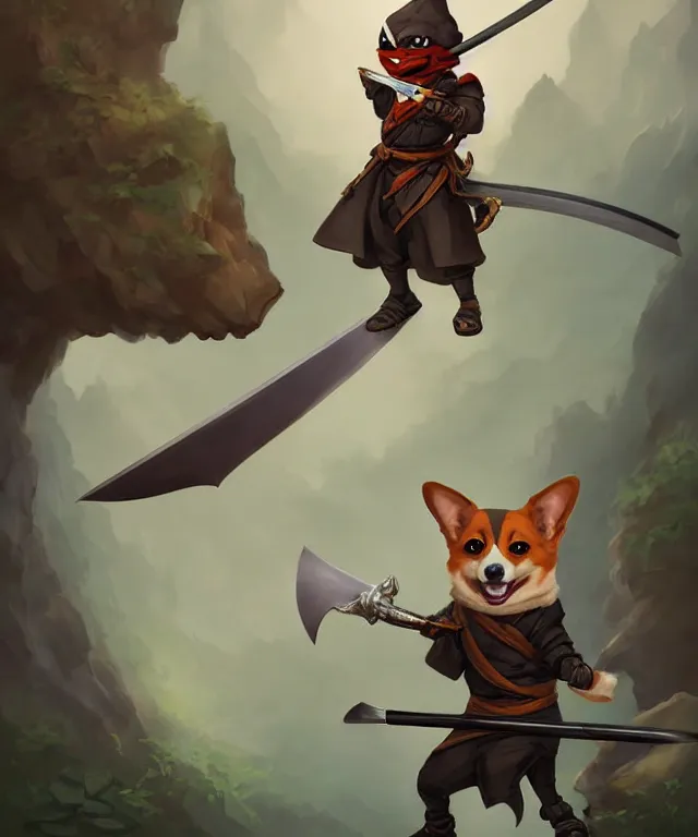 Prompt: anthropomorphic corgi ninja, ninja outfit, holding a katana, standing in a beautiful landscape, cute and adorable, dnd character art portrait, matte fantasy painting, deviantart artstation, by jason felix by steve argyle by tyler jacobson by peter mohrbacher, cinematic lighting