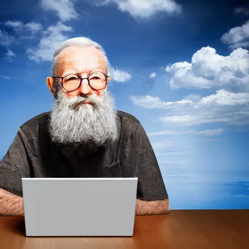 Prompt: dignital art of a bearded old man sitting on a cloud in the sky using a desktop computer 3 5 mm hdr sunny
