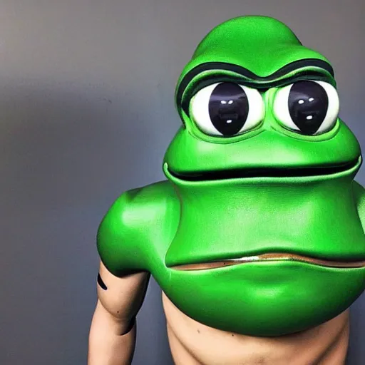 Prompt: a realistic detailed photo of a pepe the frog who is an attractive who is half robot and half frog, who is a frog android, actor liam hemsworth, shiny skin, posing like a statue, blank stare, in a lab, on display, showing off his muscles