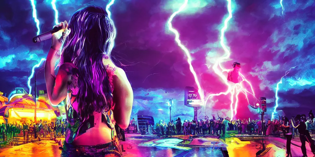 Image similar to Lightning storm while lady rapper performs on stage, digital art, vapor wave, hip hop, blade runner, trending on Artstation, professional artist, detailed, 4k