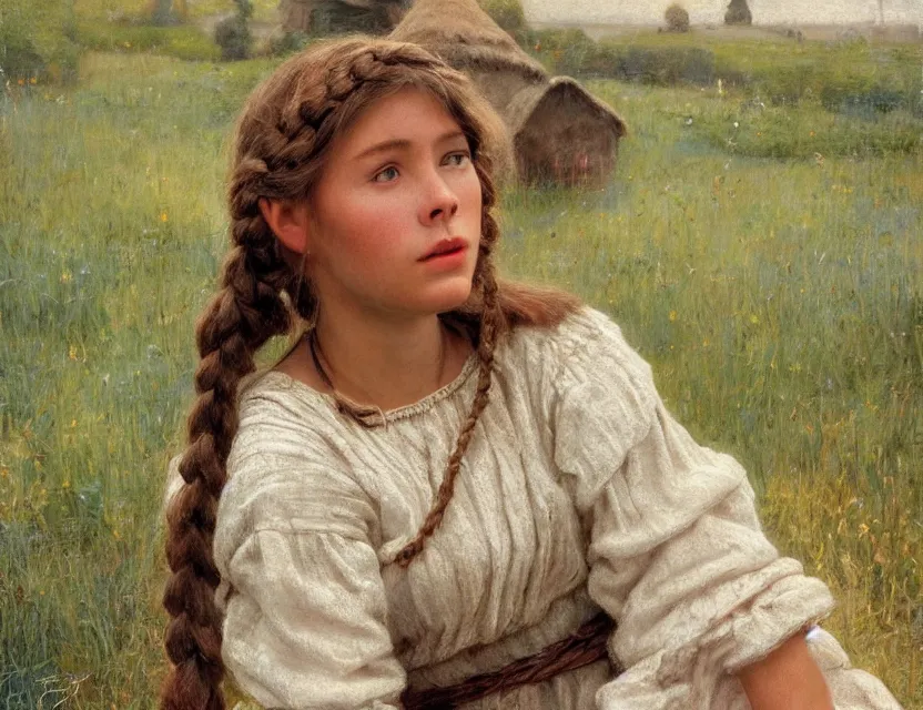 Prompt: peasant girl with long braids sits and knits from yarn, Cottage core, Cinematic focus, Polaroid photo, vintage, neutral colors, soft lights, foggy, by Steve Hanks, by Serov Valentin, by lisa yuskavage, by Andrei Tarkovsky, by Terrence Malick, 8k render, detailed, oil on canvas