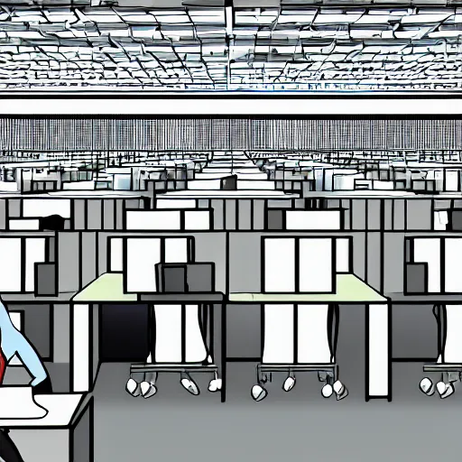 Image similar to digital artwork of lone person working in a huge room full of cubicles, the only light is coming from his desk