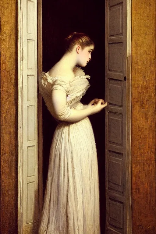 Image similar to girl under moonlight by auguste toulmouche, dark dreamy lighting, perfectly detailed eyes, beautiful hands, pale skin, blonde hair, leaning on door