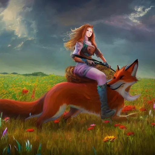 Image similar to girl riding a giant fox in a field of flowers, trending on artstation