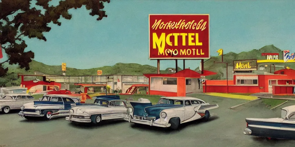 Prompt: 1 9 5 0 s americana painting of a motel and motel sign with cars parked outside by norman rockwell