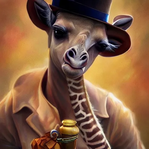 Prompt: epic professional digital airbrushed portrait art of a cute baby giraffe dressed as a magician,, best on artstation, cgsociety, wlop, Behance, pixiv, cosmic, epic, stunning, gorgeous,, masterpiece by Dorian Cleavanger and Stanley Lau,